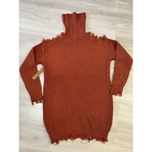 Almost Famous Women Sweater Dress Orange Knit Turtleneck Distressed Fringe Siz L